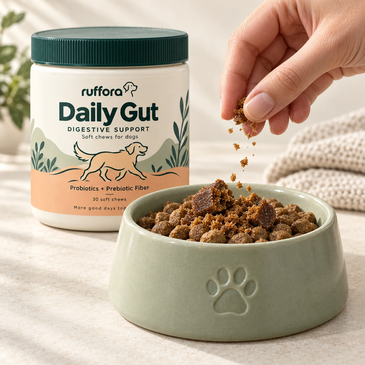 Soft chew crumbled over kibble in a dog bowl