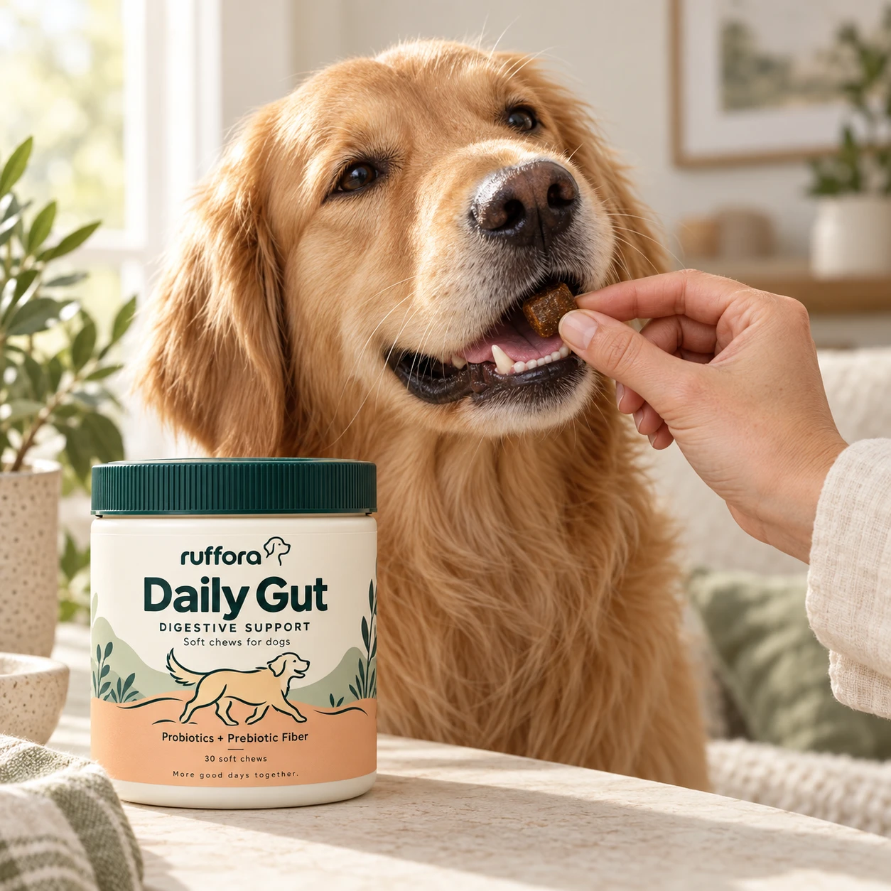 Golden retriever taking a soft chew by hand